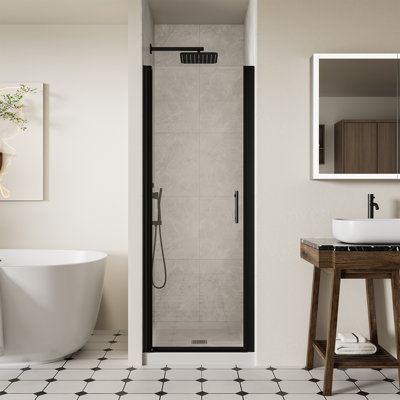 24-25" W x 72" H Frameless Shower Door, Pivot Shower Glass Doors with 1/4" (6mm) Clear SGCC Tempered Glass, Matte Black Swing Shower door out of Plumb Adjustability