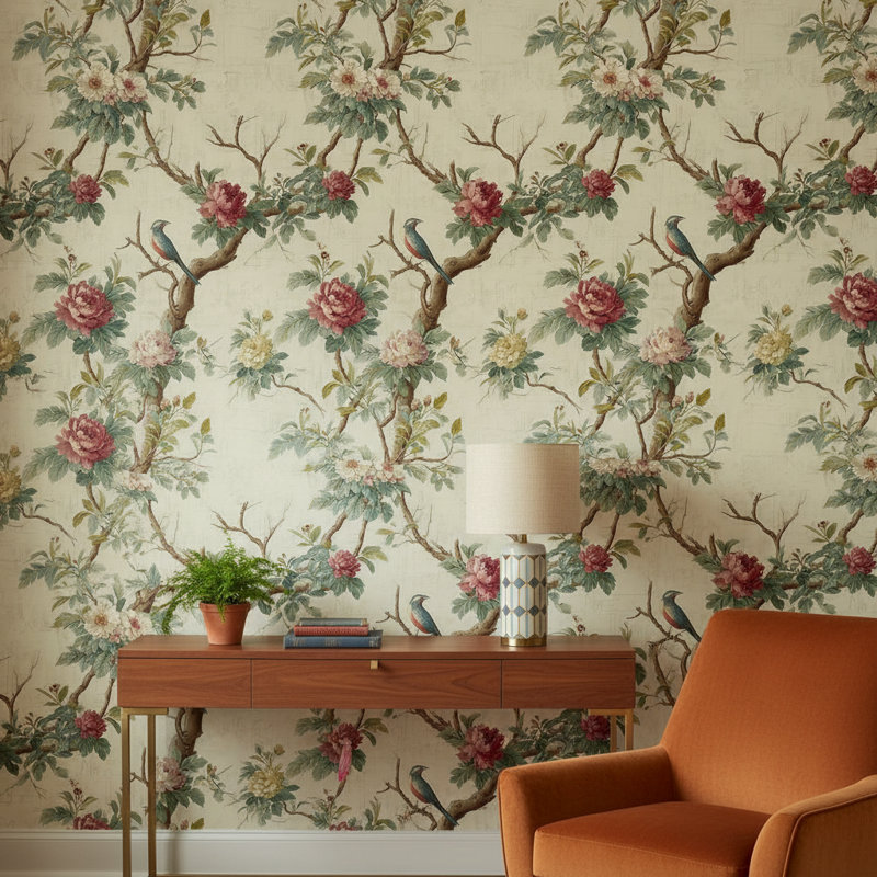 Papier peint floral, oiseau rétro