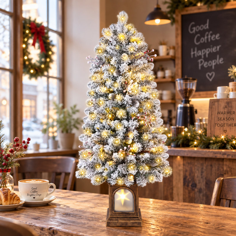 Pre Lit Snow Flocked Pencil Christmas Tree, Small Christmas Tree, Xmas Tree with Warm White Lights, 8 Light Modes, with pine cones and berries for Home and Office Decor