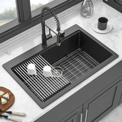33X22" Black Quartz Workstation Drop - In Kitchen Sink, High End Quartz, Thick And Strong, Smooth Surface Protects Hands, Comes With Installation Accessories Strainers Quiet Package Guide