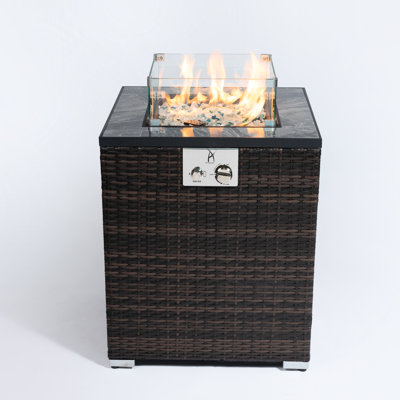 Garden Fire Pit With Windshield, Pe , Burner, Rain Cover & Igniter 40000Btu Column, Steel Tabletop Lid, Glass Wind Guard, And Included Rocks