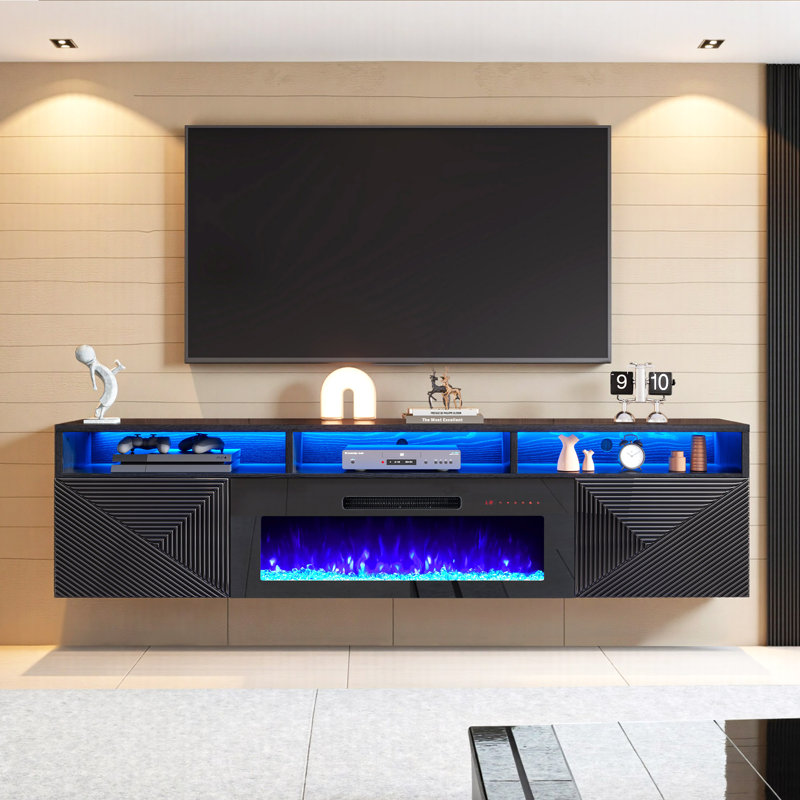 Meuble télé Delphi pour foyer flottant, lumière DEL et 3 tablettes de rangement supplémentaires, 80", Noir