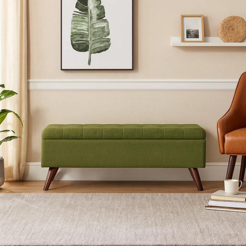 Banc de rangement avec repose-pieds Eva, polyester tissé, 48 po, Vert olive, Noyer brun