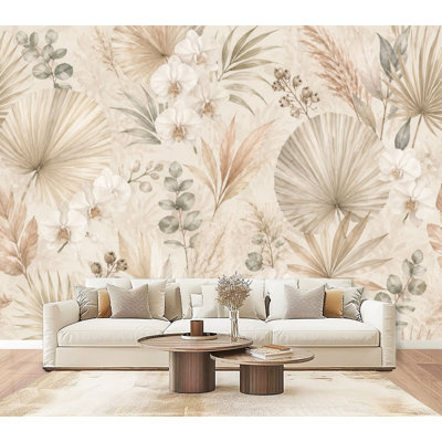 Papier peint adhésif à peler et coller à motif de feuilles de palmier tropicales crème beige H 69 po x l 96 po, papier peint amovible en PVC autocollant pour chambre à coucher, bureau à domicile