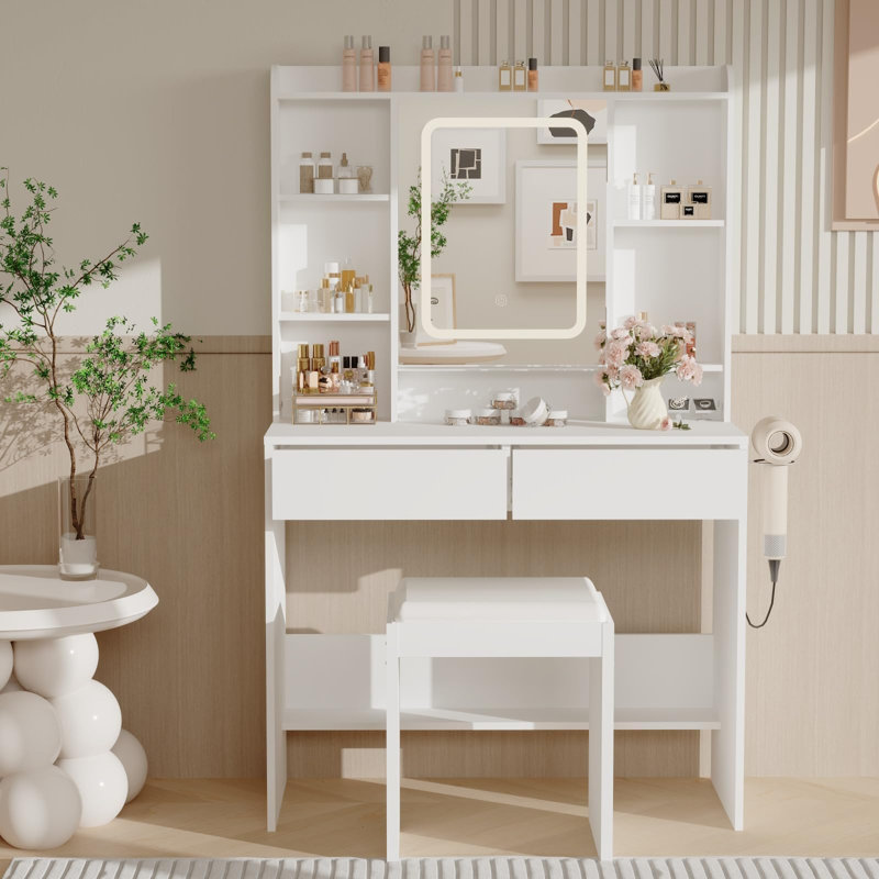 Bureau de coiffeuse avec miroir éclairé et tabouret, éclairage DEL réglable à 3 couleurs, compartiments de rangement cachés, station de chargement USB / Type-C, coiffeuse à maquillage pour chambre à coucher avec porte-sèche-cheveux