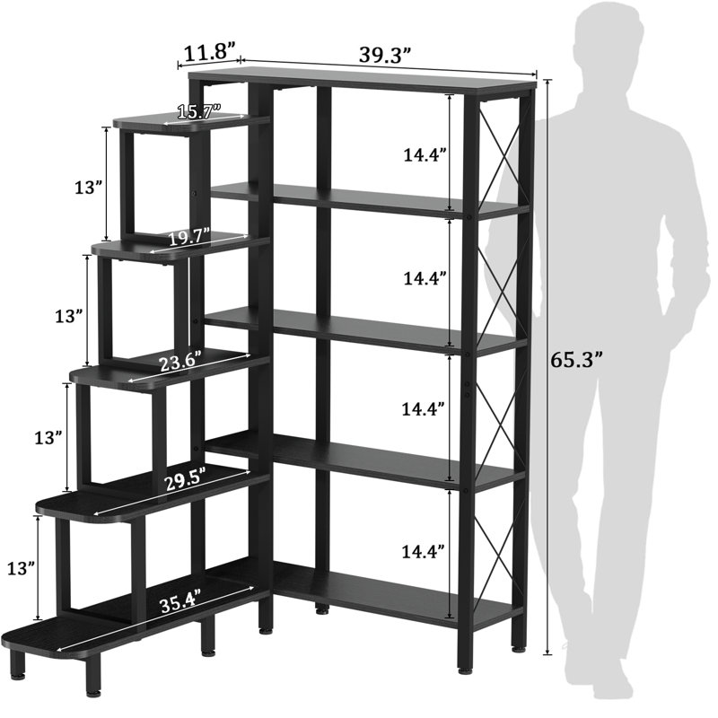 Corner Bookshelf Bookcase, Large Reversible 5 Tier Ladder Shelves Storage Display Rack With Metal Frame, Industrial Home Office Furniture For Living Room Bedroom, Black