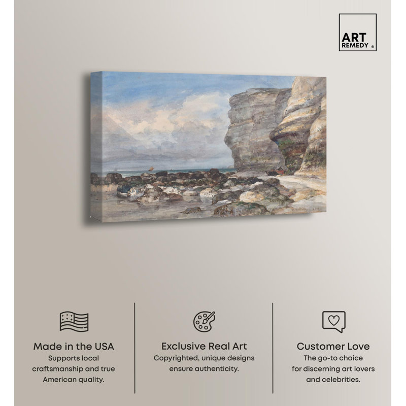 Large Coastal Rocky Beach Canvas Art in Blue and Beige