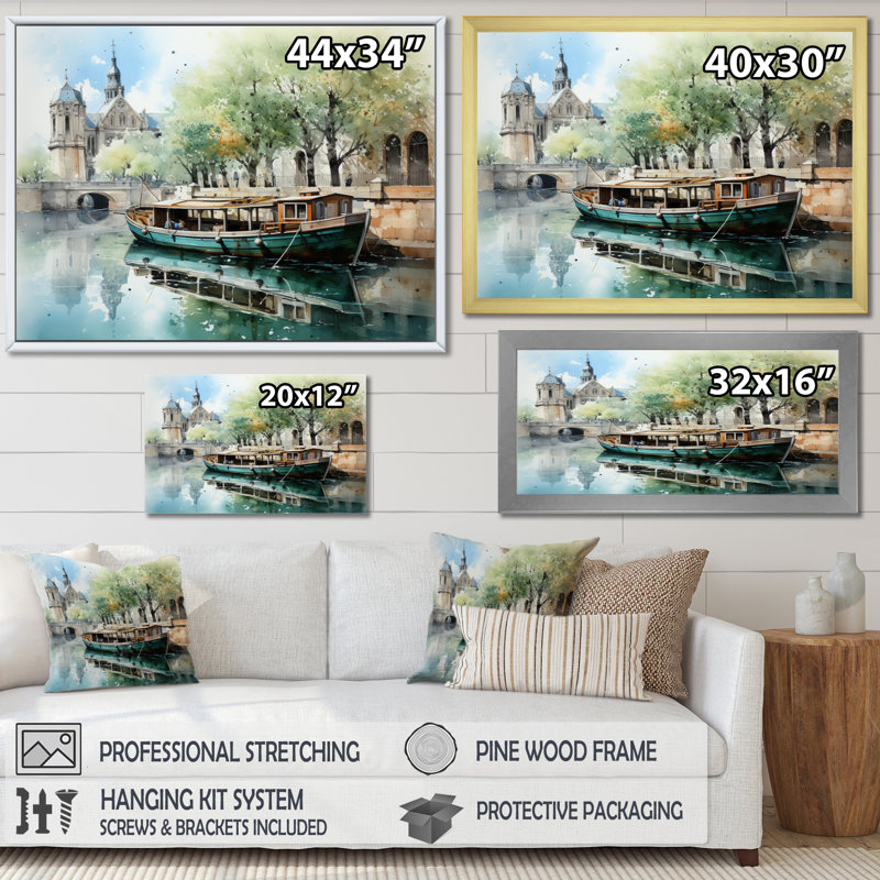 Paris Canal Saintmartin Reflections II - Cityscapes Canvas Prints, H 34 po x l 44 po x P 1,5 po, Cadre flottant doré