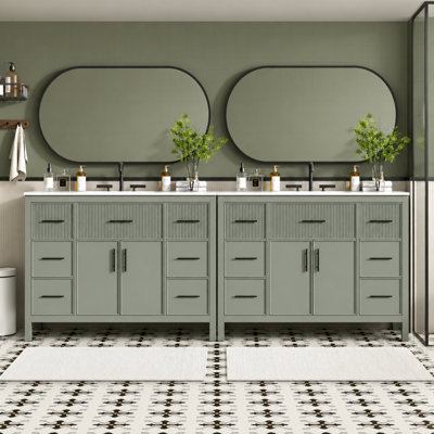 Meuble-lavabo double autoportant de 241 cm (95 po) avec 2 lavabos en SMC, 12 tiroirs à fermeture amortie, 4 portes, rangement basculant et façades cannelées, blanc
