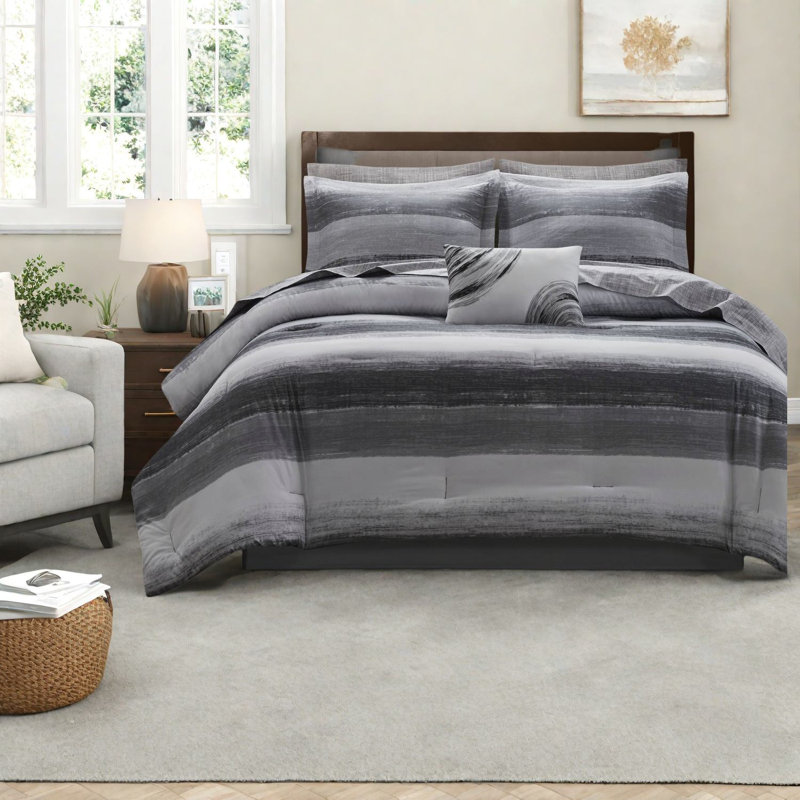Ensemble de literie pour très grand lit 9 pièces de qualité supérieure avec édredon en microfibre, motif rayé noir moderne