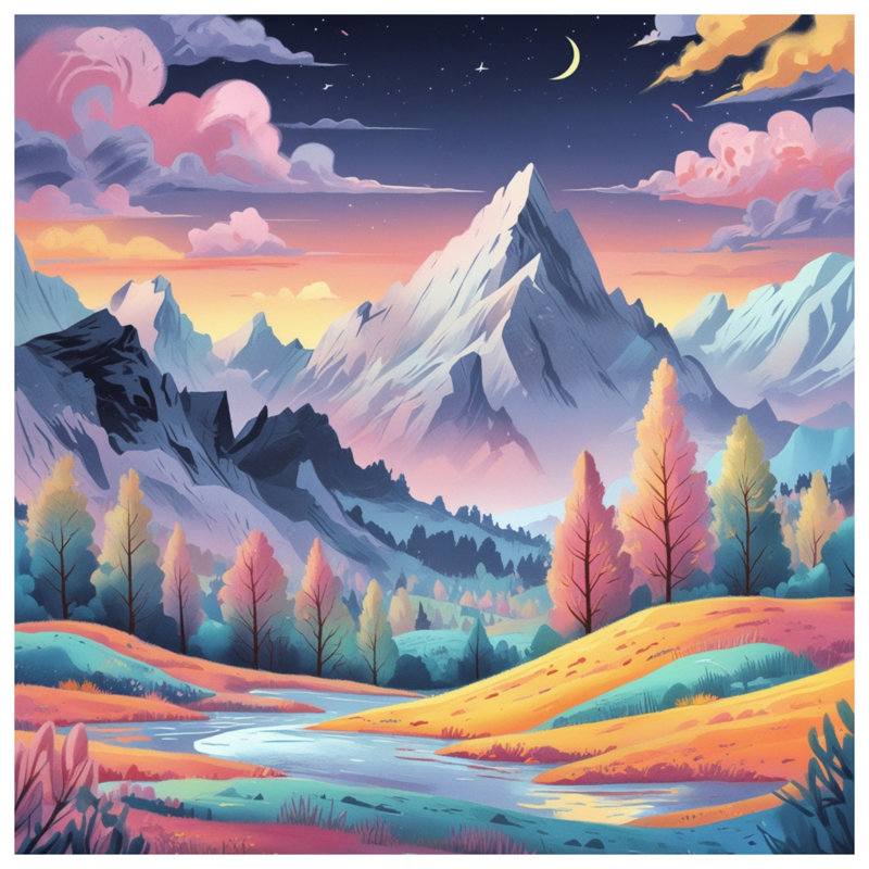 Paysage de montagne avec rivière, toile tendue avec châssis en plusieurs tailles, 16 x 16 pouces