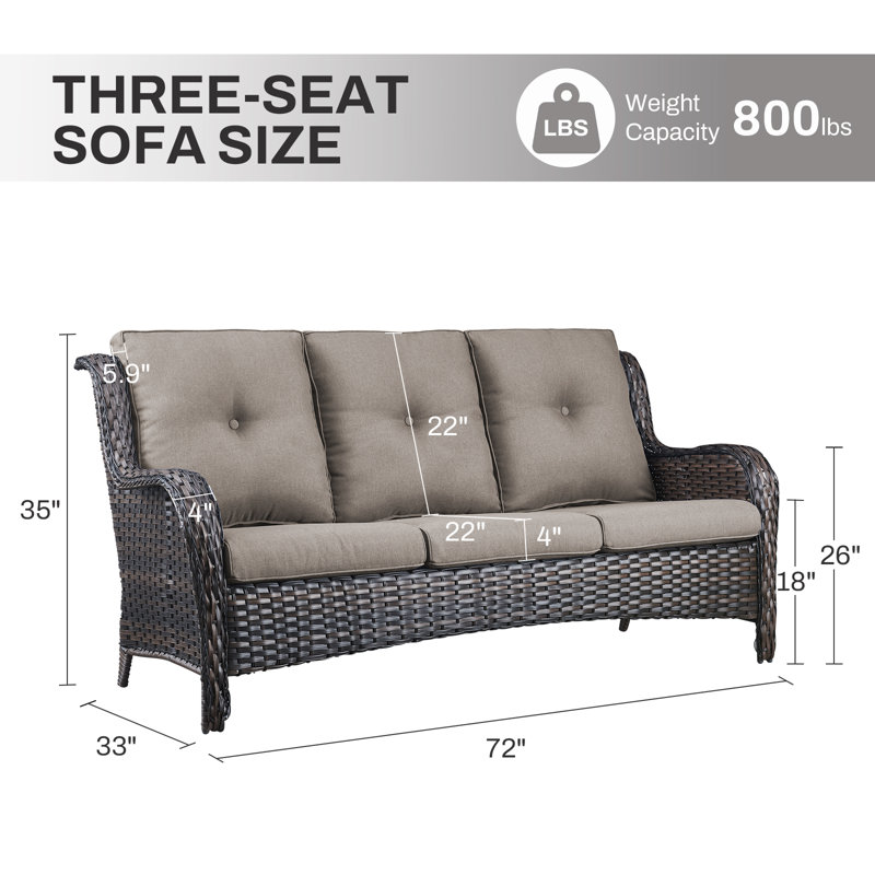 Wendye 3-Seat Outdoor Durable Sofa With Olefin Cushions, All-Weather PE Wicker, Gray, Brown