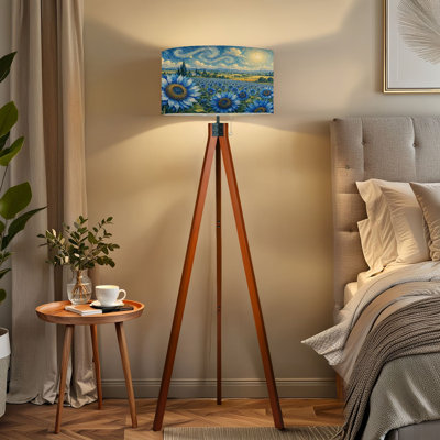 Tripod Standing Lamp Vibrant Sunflower Field Swirling Sky Van Gogh Style Remote Controlled Dimmable LED Floor Lamp with Beech Wood Legs & Detachable L