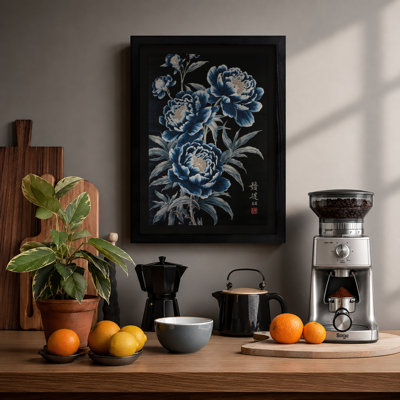 Blue Peonies Japandi - Framed Print