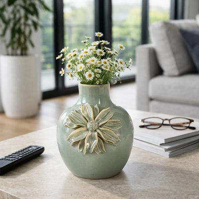 Elegant Floral Embossed Ceramic Stoneware Flower Vase for Home Decor Display - Modern Tall Vase Accent for Shelves and Table Centerpieces - 6"