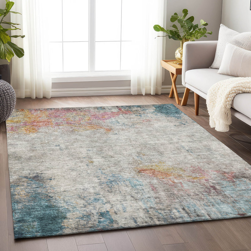 Machine Washable Indoor/Outdoor Christain ACN1232 Teal Rug, Rectangle 8' x 10'