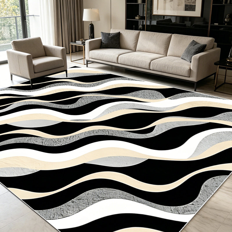 1PC Black Beige Grey White Wavy Striped Geometric area rugs for Living Room, Soft and Comfortable, Suitable for all seasons, easy-to-maintain, machine washable Indoor floor mat, Under Table Farmhouse suitable for dining room, bedroom, entryway,