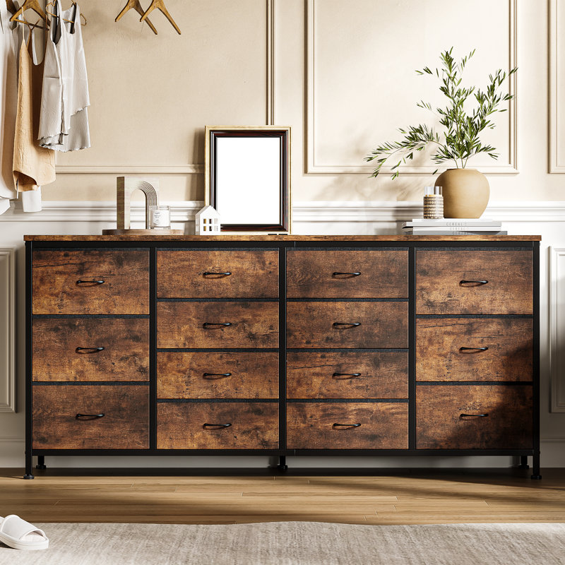 Modern 63" Brown Dresser TV Stand with 14 Drawers & Power Outlets Long Entryway Storage Cabinet for 65-75 Inch TVs