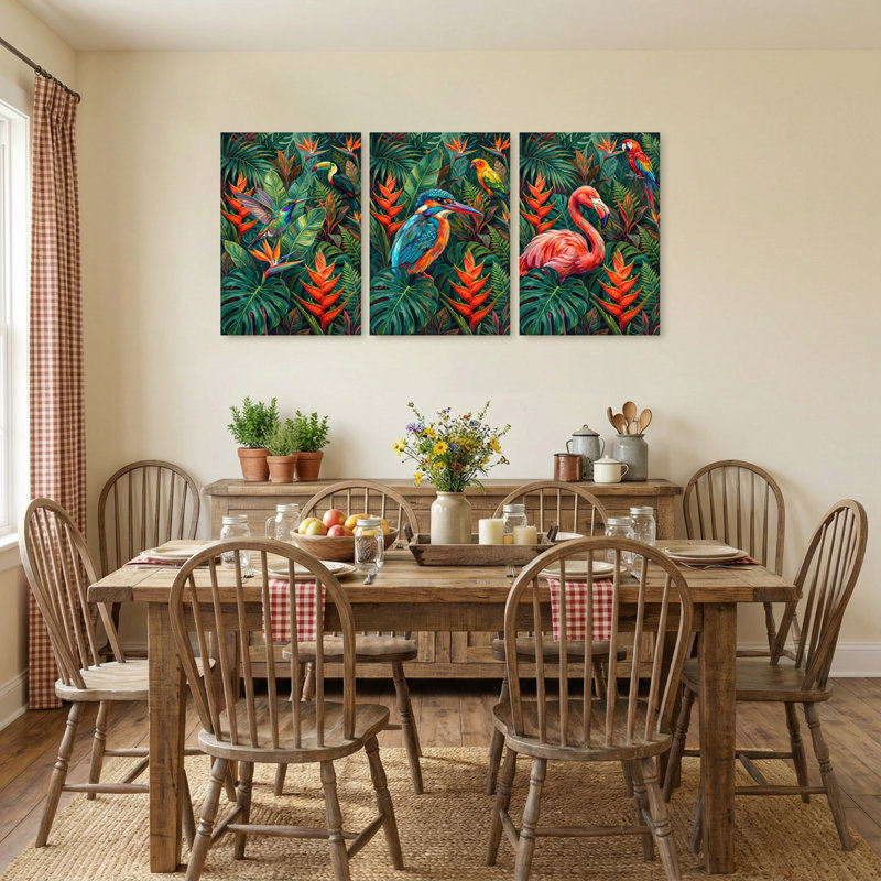 Animaux, oiseaux tropicaux et feuillage luxuriant, ensemble de 3 impressions sur toile, H 30 po x l 60 po