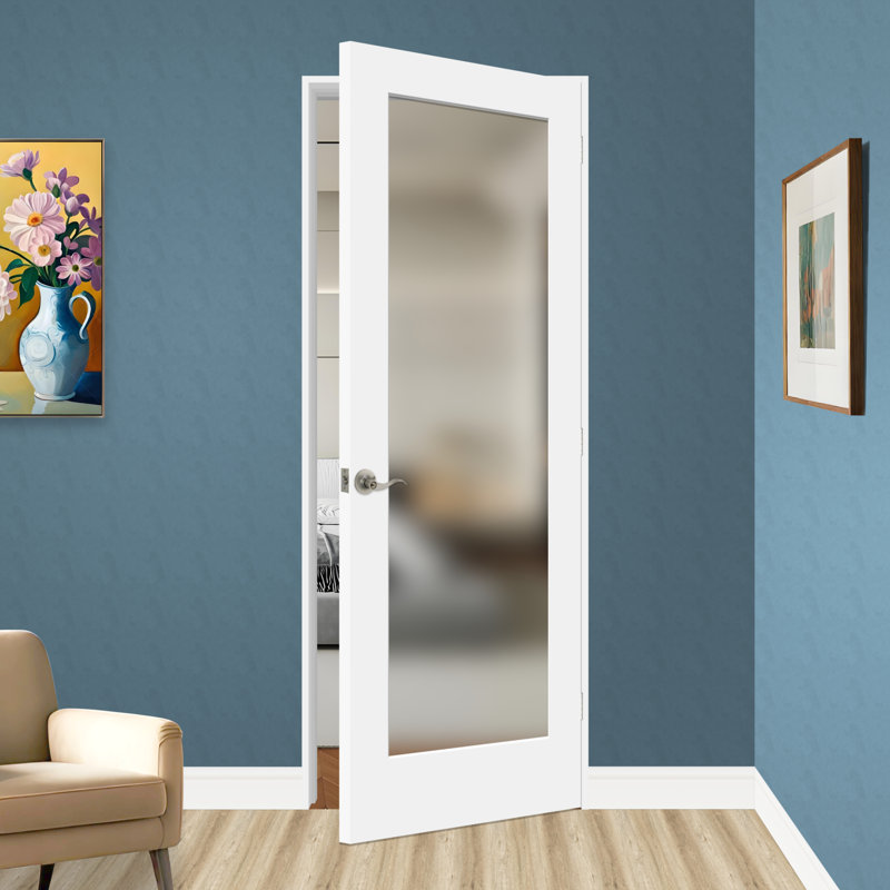 Porte pré-percée en verre trempé givré 1-Lite de 80 po de hauteur et bois manufacturé blanc apprêté, 30 po x 80 po, Gauche