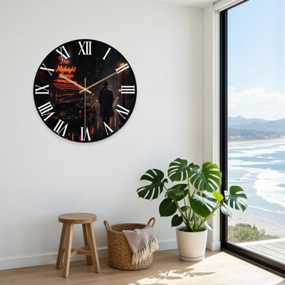 Stylish Noir City Street Scene With Vintage Car And Neon Sign Ultra Clear Glass Wall Clock