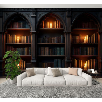 Peel and Stick Wallpaper Vintage Bookshelf Library Bookshelf Wooden Bookshelves Lit Candles Wall Murals 100"H x 144"W Removable PVC Wall Paper Self-Adhesive Wall Paintings Art Decor for Bedroom Living Room
