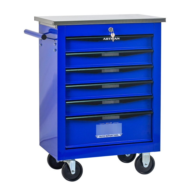 Chariot à outils 6 tiroirs pour le garage, chariot roulant en métal avec roues, noir et bleu, verrouillage par clé, chariot multifonctionnel à roulement, tiroirs verrouillables avec rangement bleu, surface en acier lisse
