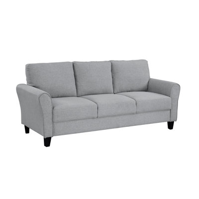 Canapé moderne en tissu texturé gris foncé avec accoudoirs arrondis et coussins attachés