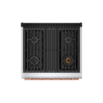 Cuisinière à gaz 30 po Hauslane en acier inoxydable | 4 brûleurs jusqu'à 20 000 Btus | Four à convection de 4,2 pieds cubes avec 5 positions de grilles | N / L convertible | Porte triple couche Cool-Touch or rose