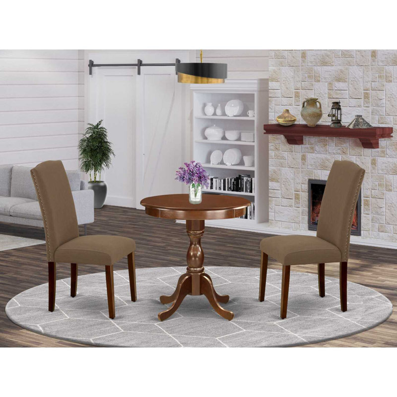 3-Piece Black and Cherry Finish Solid Wood Top - Upholstered Dining Room Set with High Back - (Seats-4), Mahogany, Brown