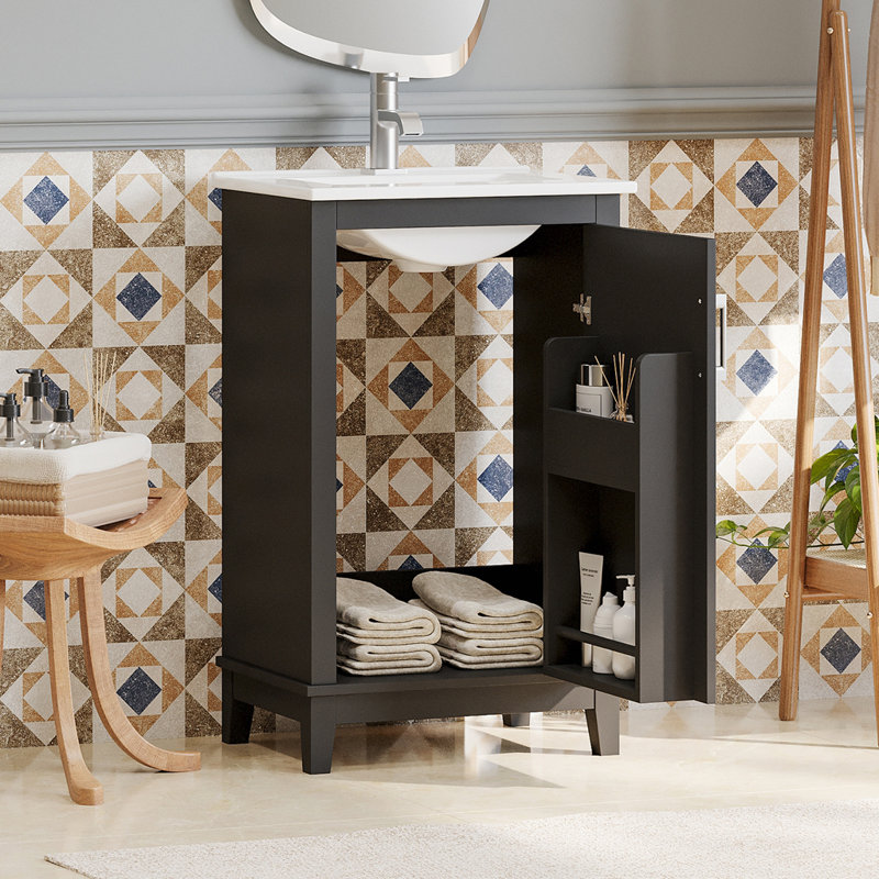 Petit meuble-lavabo moderne avec lavabo en céramique, Argent argent, Noir, noir, noir, noir