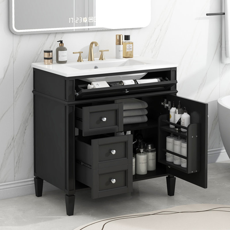 Meuble-lavabo 30 po avec comptoir simple, 2 tiroirs de rangement et tiroir coulissant, Noir