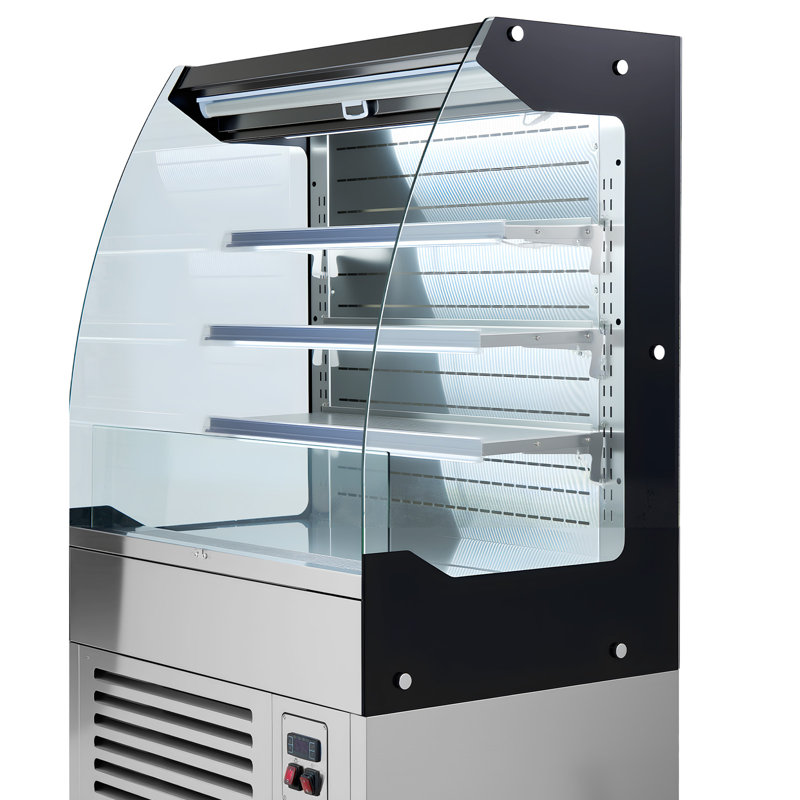 Vitrine réfrigérée ouverte de 5,4 pi³ (153 litres) à 3 niveaux, avec système de réfrigération à ventilation forcée, éclairage DEL et rideau de nuit, idéale pour les restaurants, les magasins et les bureaux.