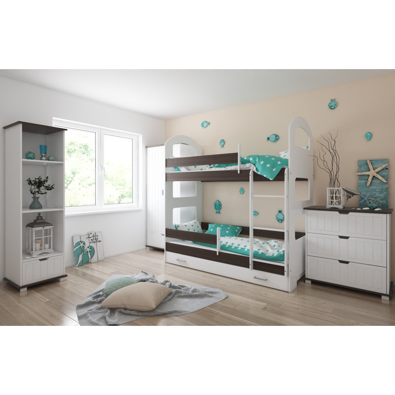 Peterkin Bunk Bed with Built-in Ladder Included, 80 x 160 cm, With Drawer, Walnut