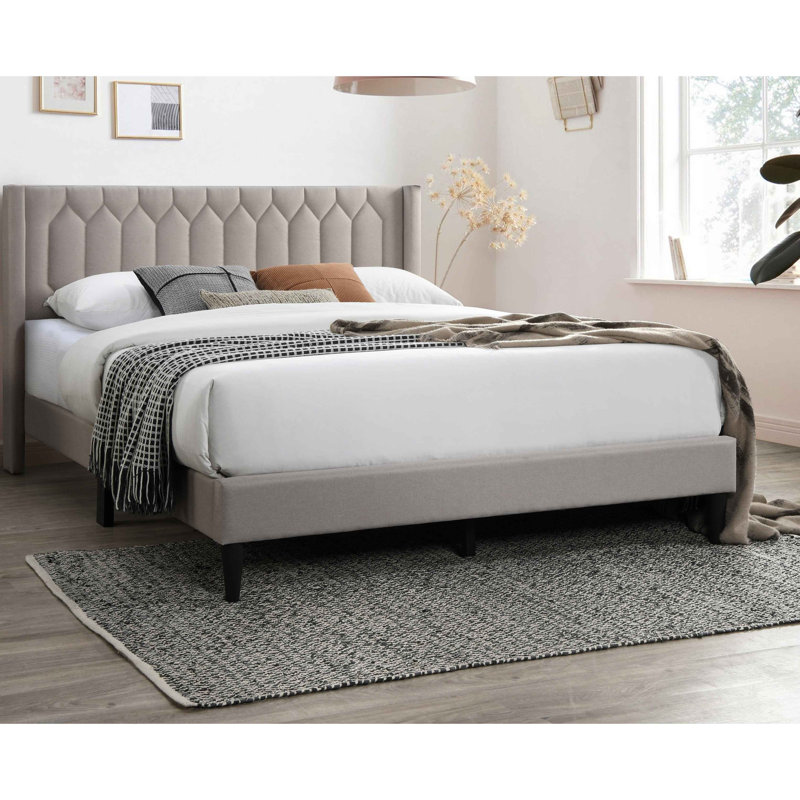 Modern Eye-Catching 1Pc Bed Burlap Fabric Unique Diamond Design Headboard Bedframe, Light Brown