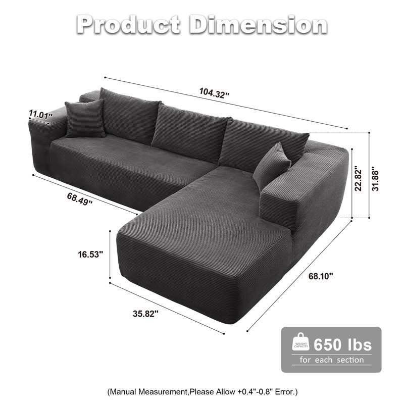 Canapé-lit 2 pièces avec coussin Kessas, Orienté à droite, Velours côtelé gris
