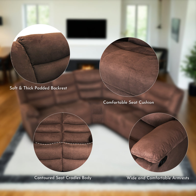 82'' Wide Living Room Set Sectional Sofa Drop Down Table Cup Holders, Brown Microfiber