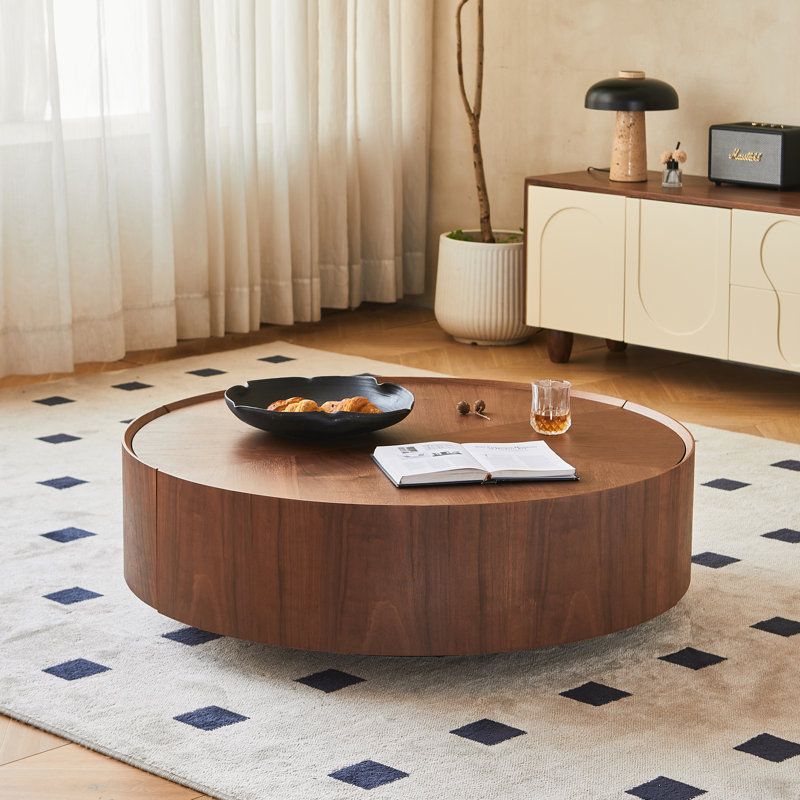 Kemberton Walnut Round Coffee Table with Storage Drawers Black Base, 12.6" H x 39.37" L x 39.37" W