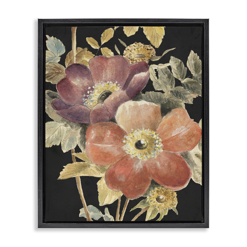 Paire de fleurs rétro sur cadre flottant foncé, design par Lanie Loreth, Cadre flottant noir de jais, H 21 po x l 17 po