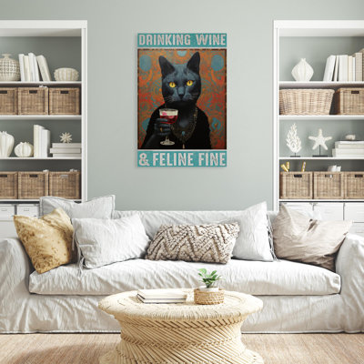 Cat Drinking Wine And Feline Fine - 1 Piece Rectan " Cat Drinking Wine And Feline Fine "