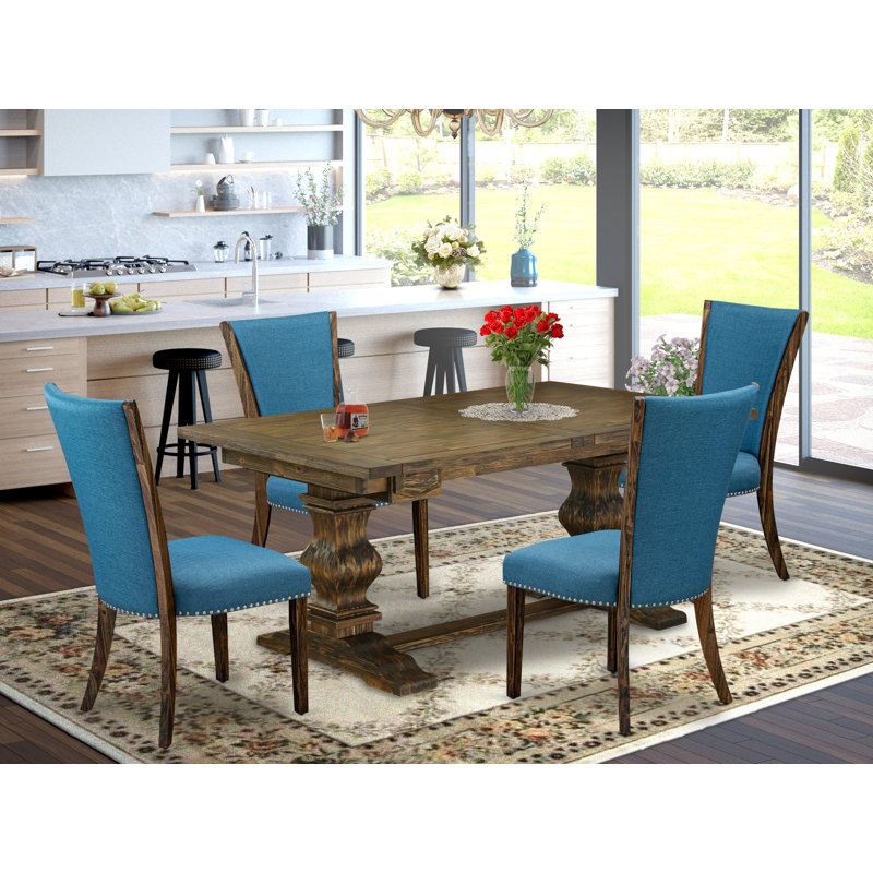 5 Piece Dining Table Set Includes a Rectangle Kitchen Table with Removable Leaf and 4 Blue Color Linen Fabric Upholstered Chairs, Distressed Jacobean