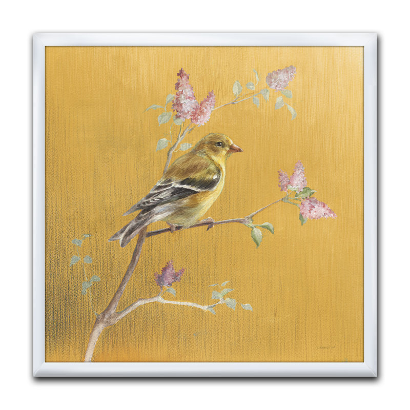 Reproduction d'art sur toile, "Oiseau doré sur fleurs", Encadrement blanc, H 30 po x l 30 po x P 1 po