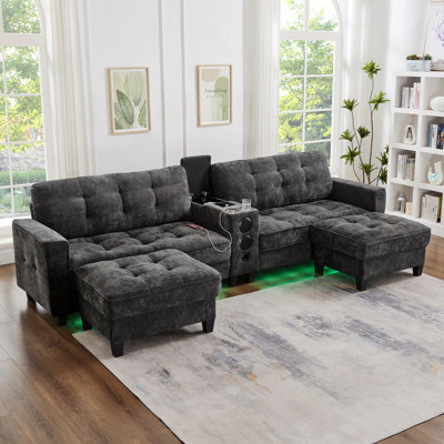 U-Shaped Sectional Sofa With Storage Ottomans, Bluetooth Speakers And LED Lights For Living Room