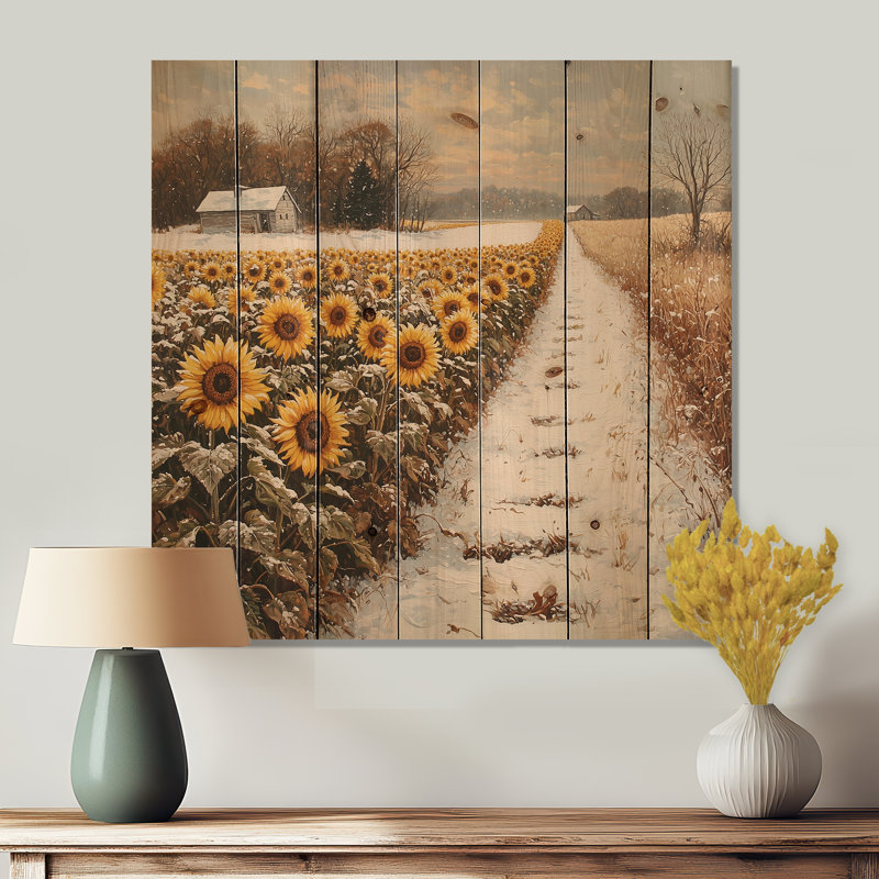Tournesols le long du chemin enneigé II - Art mural en bois tournesols - sur bois de pin naturel