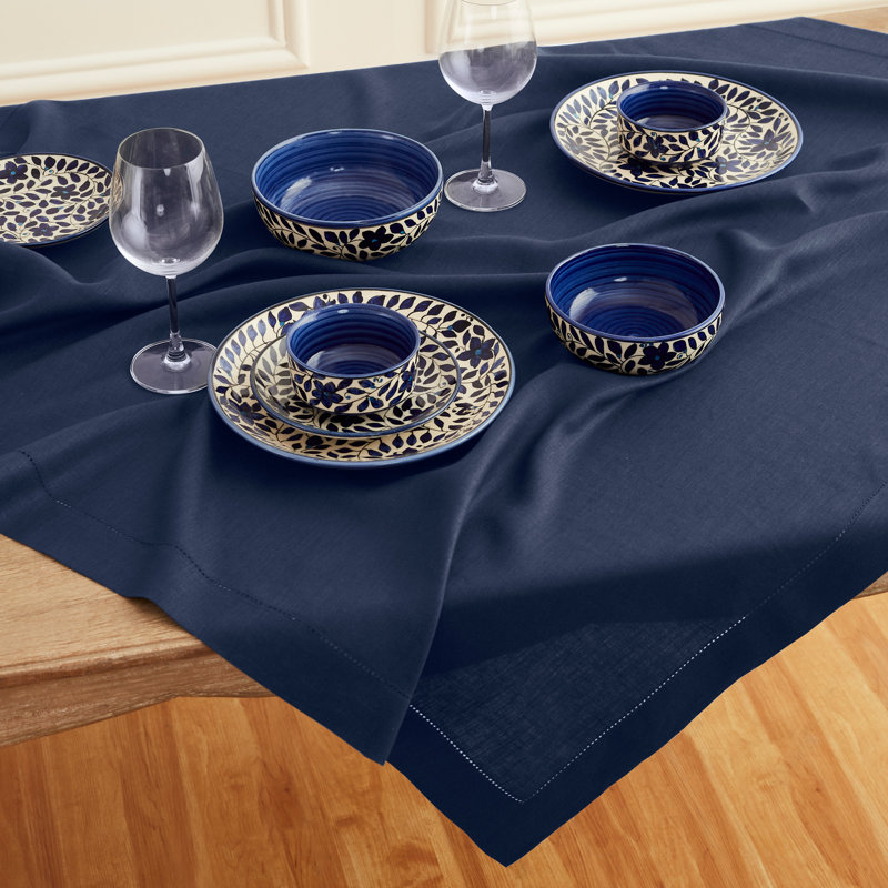 100% Pure Linen Hemstitch Table Cloth - Classic Hemstitch, Navy, 144" x 60"