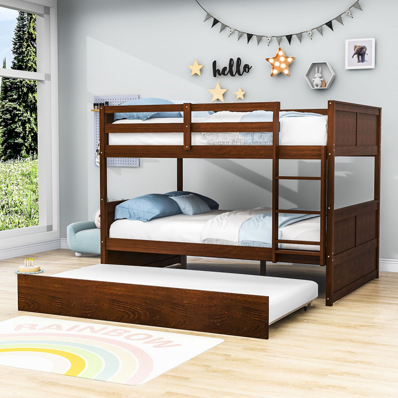 Lit superposé double au-dessus d'un lit double avec lit gigogne simple, Noyer