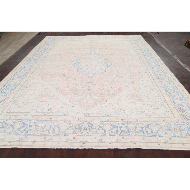 Tapis unique en laine noué à la main de style corail / beige / bleu des années 1960 de 9 pi 10 po x 13 pi Fryback