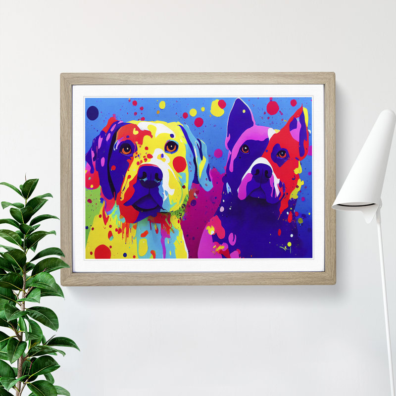 Two Painted Dogs Abstract - Single Picture Frame Print, 25cm H x 34cm W x 2cm D, Oak