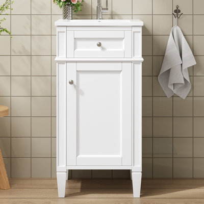 16-Inch Bathroom Vanity With Ceramic Sink, Freestanding Single Vanity Set With Soft Closing Door, Adjustable Shelf, French Style, Solid Feet, White