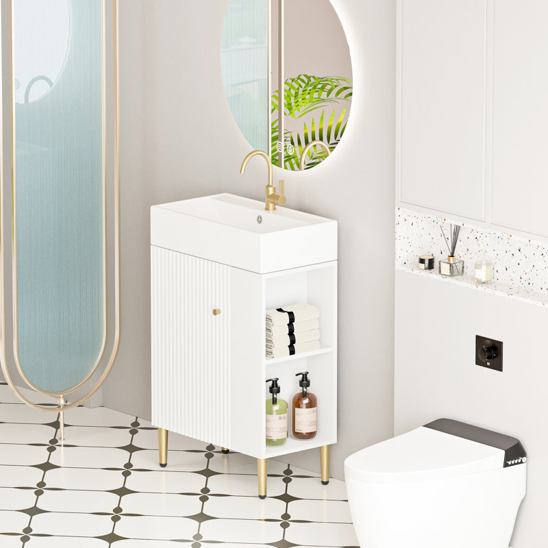 Meuble-lavabo de 21,6 po avec lavabo en céramique, tablette ouverte à droite, finition imperméable 24vb06-21whr, porte de rangement blanche, design élégant